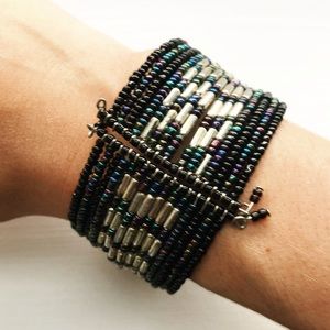 Boho black & gold beaded cuff bracelet